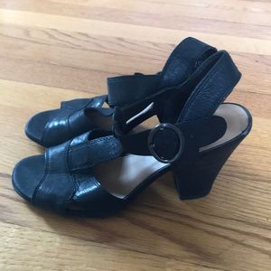 Black leather open toe heels